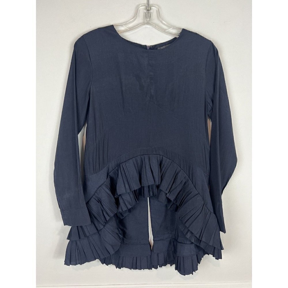 Gracia Women's Ruffled Pleated Long Sleeve Blouse High Low Small Blue Boho Artsy